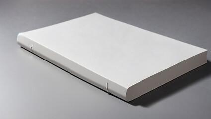 a white book lying flat on a gray surface.
