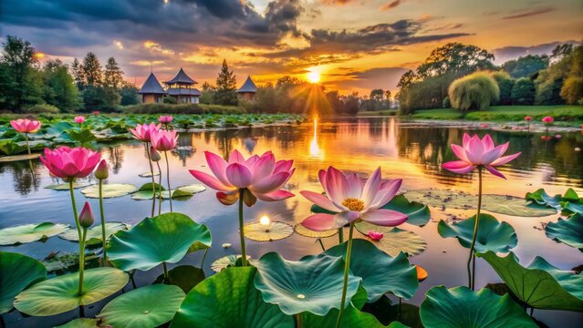 Vibrant lotus flowers bloom serenely in still waters, reflecting warm hues of approaching sunset, amidst lush greenery in Slavyanka village.
