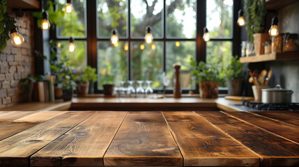 Wood table top on blurred kitchen background,