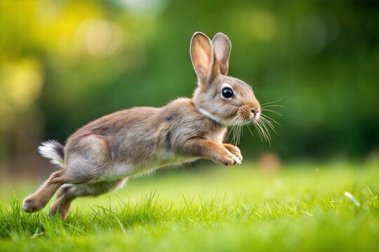 A bunny hopping and running on grass, symbolizing agility and playfulness.
