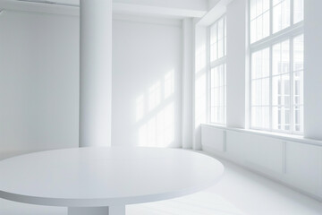 Fototapeta premium Round white table in a room with white walls