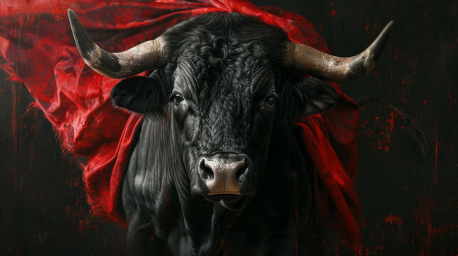 A bull with a red rag, ready to fight. Bullfighting concept. - Powered by Adobe