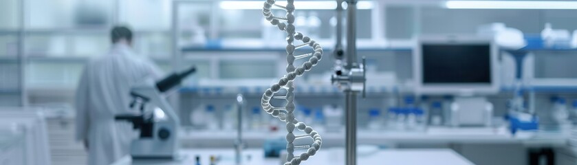 DNA double helix model in a biotech lab, genome sequencing, hightech scientific environment, genetic research, advanced biotechnology