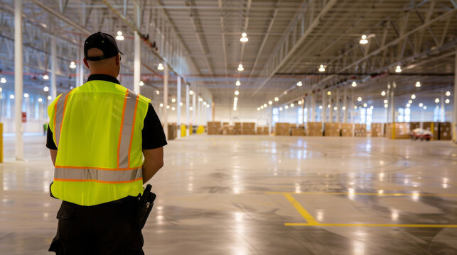 A security guard patrolling an empty warehouse