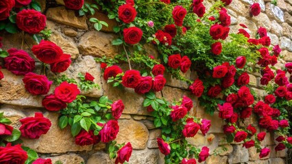 Lush, velvety, crimson-red blooms cascade down a rustic, stone wall, entwined with delicate, curved, thorny stems of Altissimo rose.