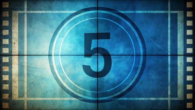 Retro-style blue countdown sequence on a vintage film texture background, counting down from five to one in bold numerals.