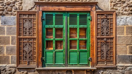 Old wooden window with green shutters and intricate carvings set in a typical grey stone Canarian facade building exterior.