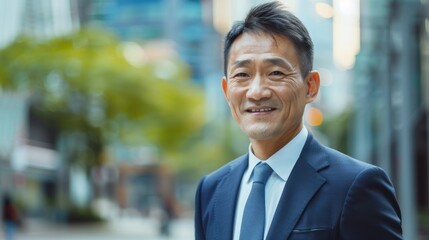 Asian Middle Age Man. Corporate Manager Smiling in City Outdoors