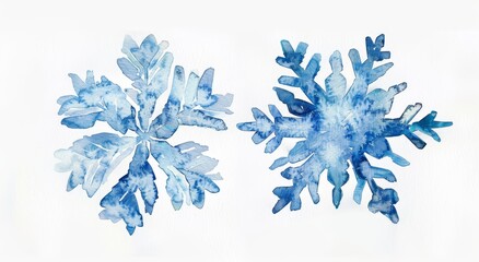 Illustration of two dark blue watercolor snowflakes. Christmas traditional decoration, symbol of cold weather and beauty. Hand drawn, isolated on a white background.