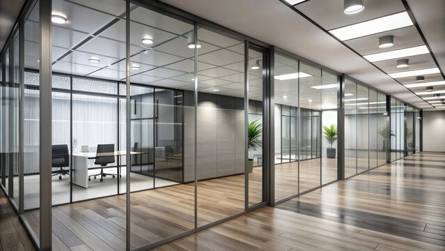 Stark grey-toned hand-drawn illustration of modern office corridor with sleek glass partition walls and minimalist aesthetic appeal.