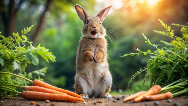 Adorable furious rabbit standing on hind legs, paws clenched, whiskers twitching, surrounded by scattered carrots and torn greenery mess.