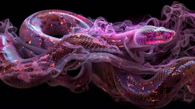 Abstract swirling pink and purple smoke with a snake-like form against a black background.