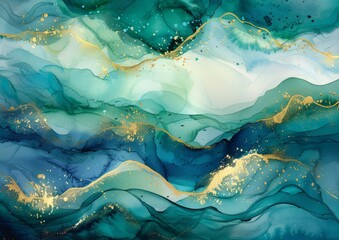 This modern abstract luxury background design or card template is perfect as a birthday greeting, wallpaper, or poster in a turquoise blue watercolor style or fluid art in an alcohol ink style with