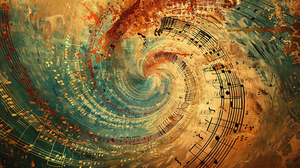 Abstract image of musical notes and tracks in the form of a funnel in vintage style