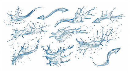 Fototapeta premium Blue water splashes with directional arrows on a white background
