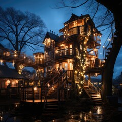 Obraz premium Enchanting Treehouse Illuminated at Night in a Cozy Backyard