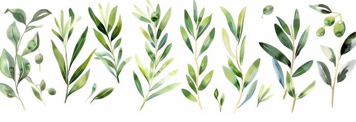 Fototapeta premium Decorative beauty elegant illustration collection with greenery leaves in watercolor style isolated on white.