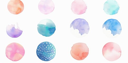 An artistic collection of colorful watercolor blobs, circles and stain shapes isolated on white.