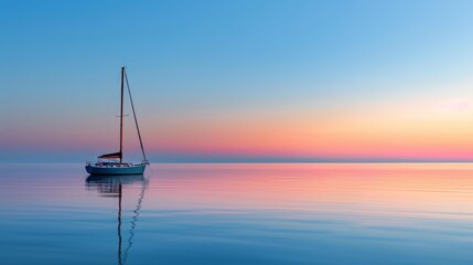Capture the tranquility of a minimalistic seascape at sunrise, with a solitary sailboat on calm waters