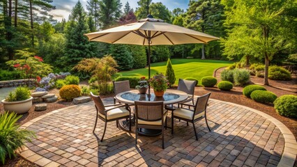 Inviting circular paver patio features a round dining table with a stylish umbrella and matching chairs for intimate outdoor gatherings.