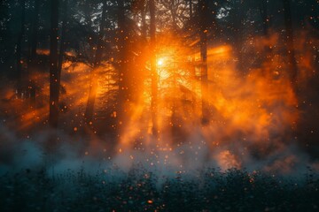 Fototapeta premium Sunlight beams filter through the dense forest, illuminating the mist and creating a magical atmosphere with sparkling particles floating in the air among towering trees.
