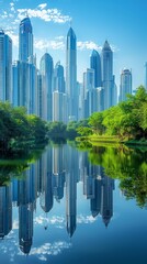 Obraz premium Create an image of a modern cityscape with tall skyscrapers reflecting in a body of water