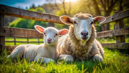 Fototapeta premium Adorable lamb nestles close to mother sheep in lush green meadow surrounded by wooden fencing on sunny afternoon landscape.