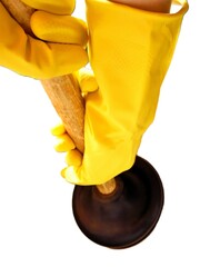 Yellow rubber gloves and a hand plunger on a white isolated background. 