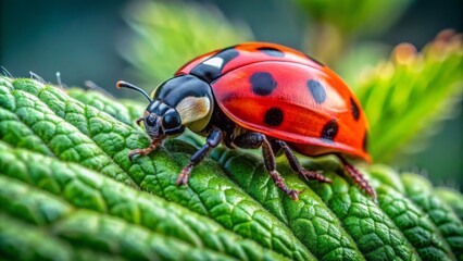 Fototapeta premium A vibrant red and black ladybug, also known as Marienk?fer, perches on a delicate green leaf surrounded by lush flora.
