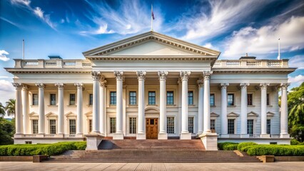 Obraz premium Official government building with neoclassical architecture and columns, intricately detailed, standing alone on a clean, uncluttered white background.