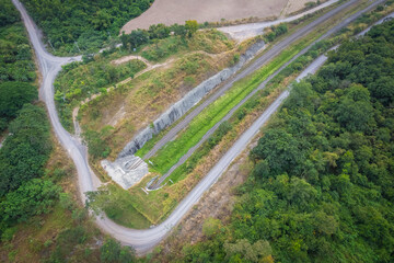 Aerial view of the entrance of the railway tunnel at Khao Phra Phutthachai, Saraburi, Thailand