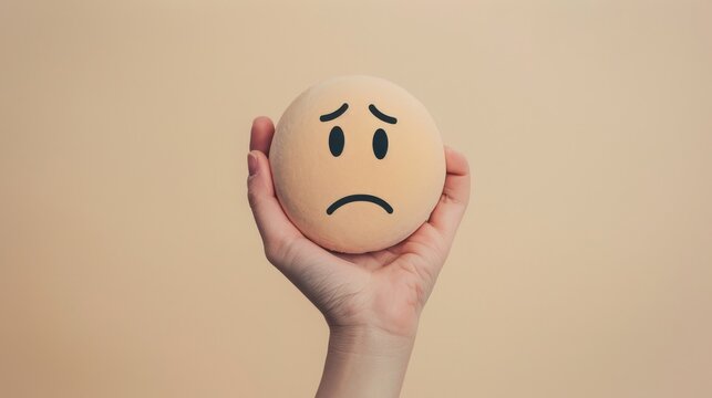 Hand Holding a Sad-Faced Ball suitable for business background, posters, wallpapers, banners, greeting cards, and advertising for business entities or brands.
