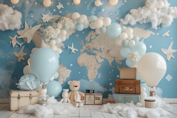 A blue and white room with a map on the wall and a teddy bear on the floor