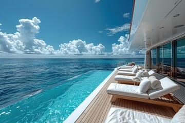 Fototapeta premium A luxurious cruise ship deck with sun loungers, a swimming pool, and an endless view of the ocean.