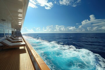 A luxurious cruise ship deck with sun loungers, a swimming pool, and an endless view of the ocean.