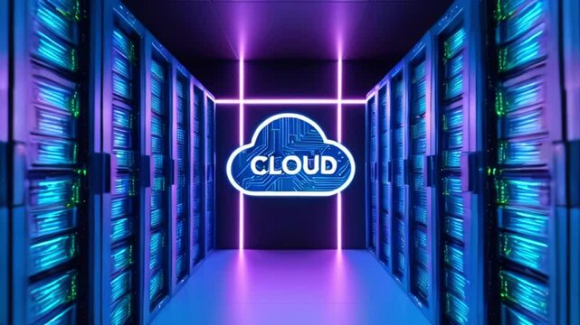 A glowing blue and purple cloud icon in a futuristic server room.