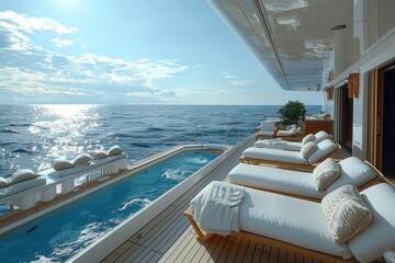 Obraz premium A luxurious cruise ship deck with sun loungers, a swimming pool, and an endless view of the ocean.
