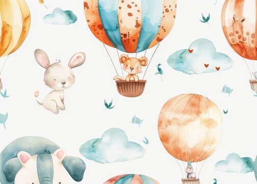 Flying parachute and hot air balloon illustrations. Hand painted watercolor birthday design. Cartoon kid character. For posters, prints, and cards.