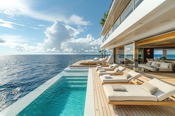 A luxurious cruise ship deck with sun loungers, a swimming pool, and an endless view of the ocean.