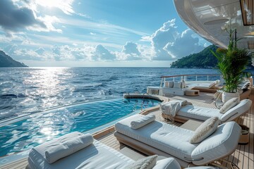 Obraz premium A luxurious cruise ship deck with sun loungers, a swimming pool, and an endless view of the ocean.