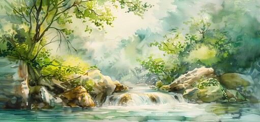 Watercolor painting, generative AI, natural river landscape