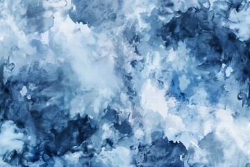 Painting of blue winter watercolor ombre leaks and splashes on a white watercolor paper background. Painted with ice, frost, and water.