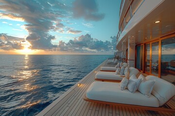 A luxurious cruise ship deck with sun loungers, a swimming pool, and an endless view of the ocean.