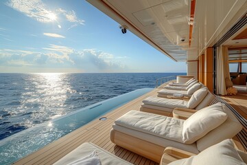 Fototapeta premium A luxurious cruise ship deck with sun loungers, a swimming pool, and an endless view of the ocean.
