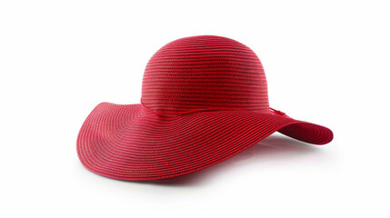 Red summer hat for women, standing alone on a white background.