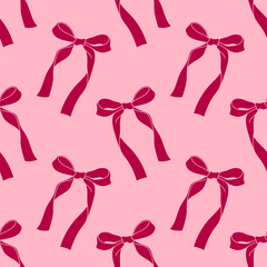 Seamless pattern with ribbon bows. Ballet, coquette core print. Hand drawn pink girly background for fabric, wrapping paper, textile