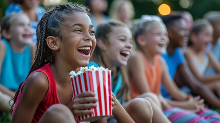 Fototapeta premium Teenagers laughing and eating popcorn at an outdoor movie night
