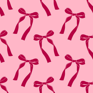 Seamless pattern with ribbon bows. Ballet, coquette core print. Hand drawn pink girly background for fabric, wrapping paper, textile