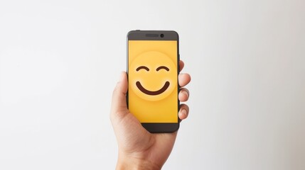 Hand Holding a Smartphone with a Smiling Emoji on the Screen suitable for business background, posters, wallpapers, banners, greeting cards, and advertising for business entities or brands.
