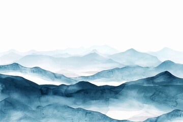 Waves and mountains of indigo light blue watercolor on white